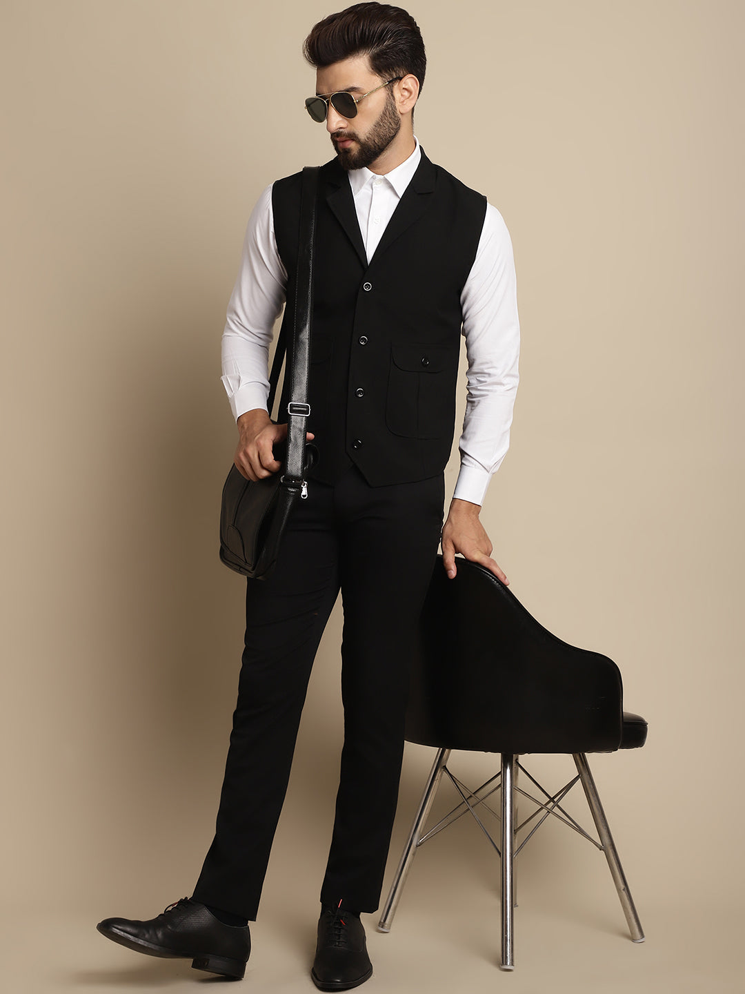 Even Apparels Men's Black Waistcoat with Notched Lapel | Grocsy