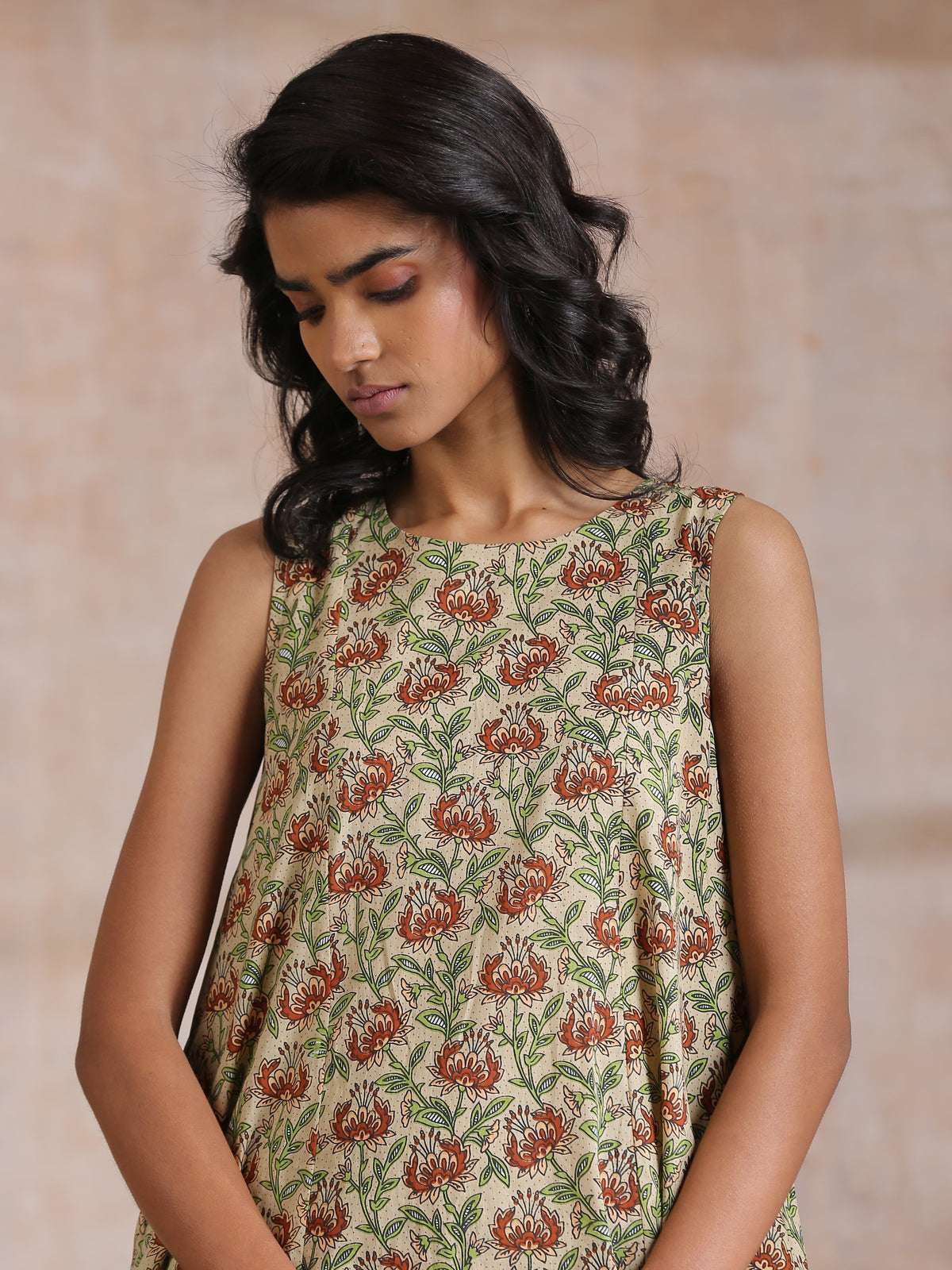 trueBrowns Beige Overall Brown Floral Block Print Cotton High-Low Co-Ord Set | Grocsy