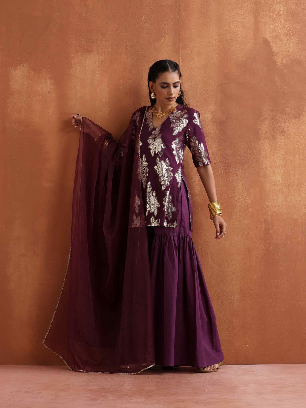 trueBrowns Purple Metallic Sharara Dupatta Set | Grocsy
