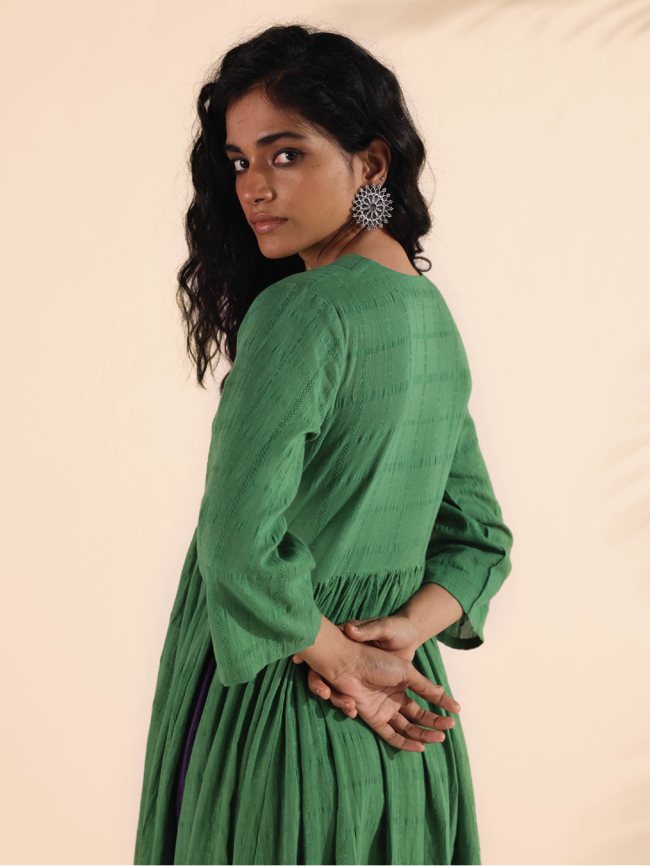 trueBrowns Green Cotton Dobby Flared Kurta Pant Set | Grocsy
