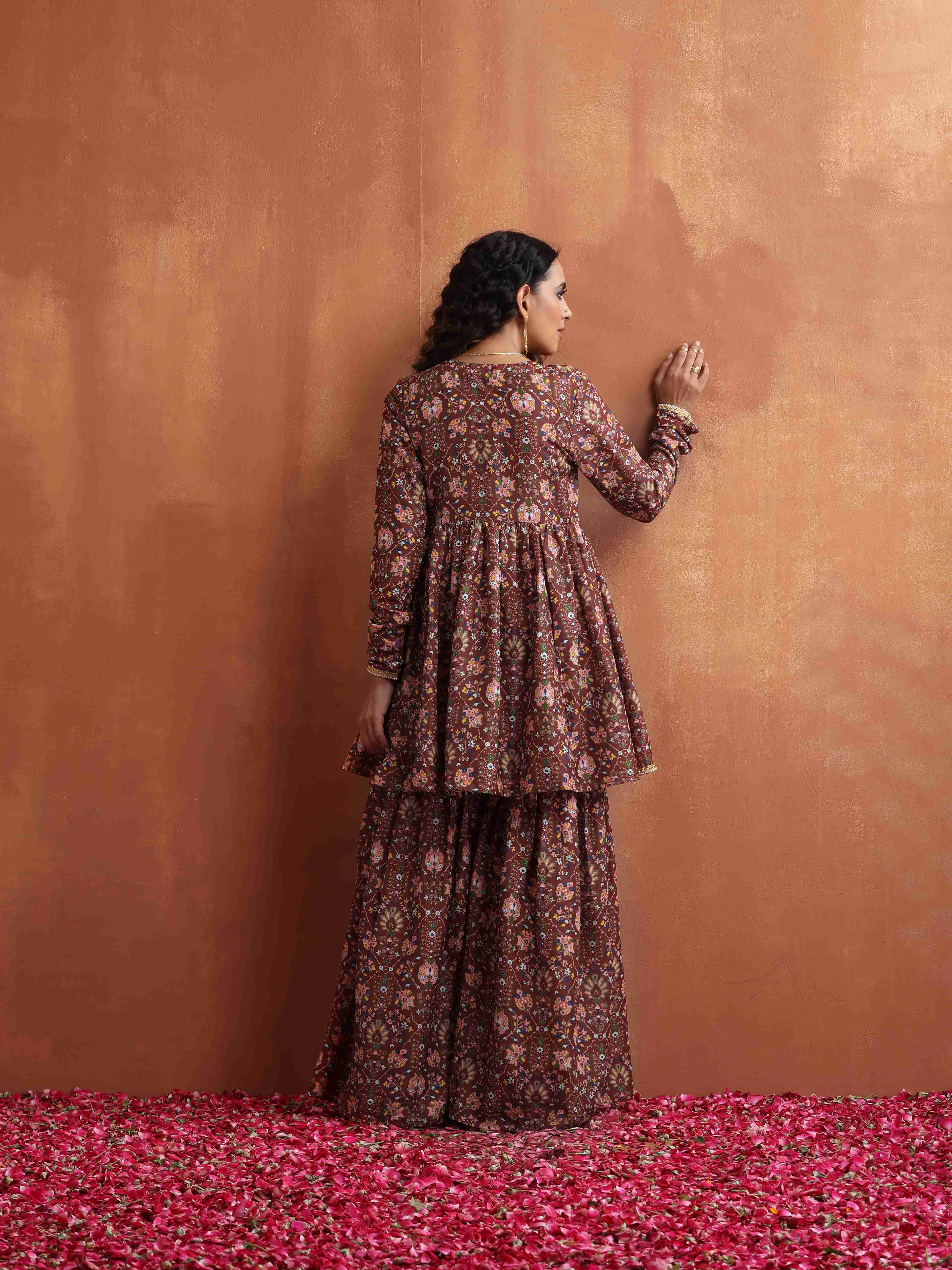 trueBrowns Brown Print Sharara Set | Grocsy