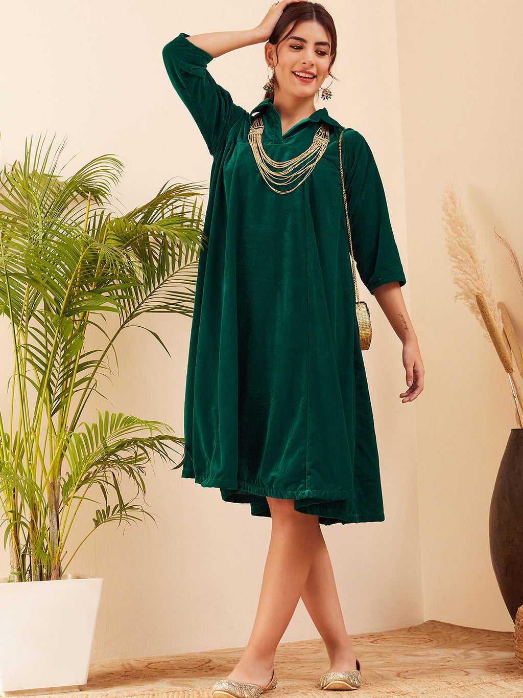 InWeave Women's Teal Velvet Collared Neck Flared Midi Dress | Grocsy