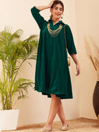 InWeave Women's Teal Velvet Collared Neck Flared Midi Dress | Grocsy