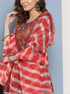 InWeave Women's Red Floral Print Tiered Dress With Lace With Red Leh Dupatta | Grocsy