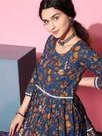 InWeave Women's Blue Floral Print Dress With Lace | Grocsy