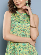 InWeave Women's Green Pastel Print Halter Kurta Set | Grocsy