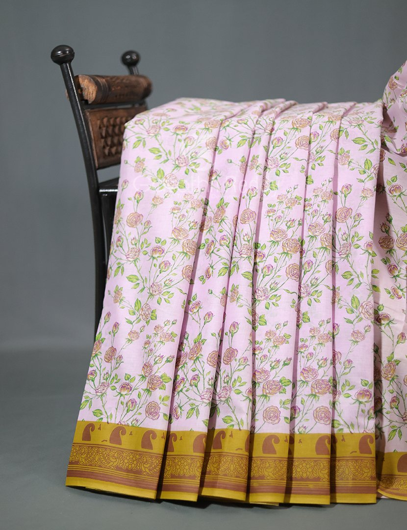 Block Print Baby Pink Dry Mehendi Combo Mulmul Cotton Saree By Gayathri Reddy Designer Studio | Grocsy