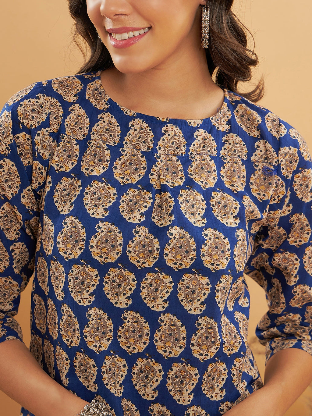 InWeave Women's Ink Blue Small Paisley Kalamkari Top | Grocsy