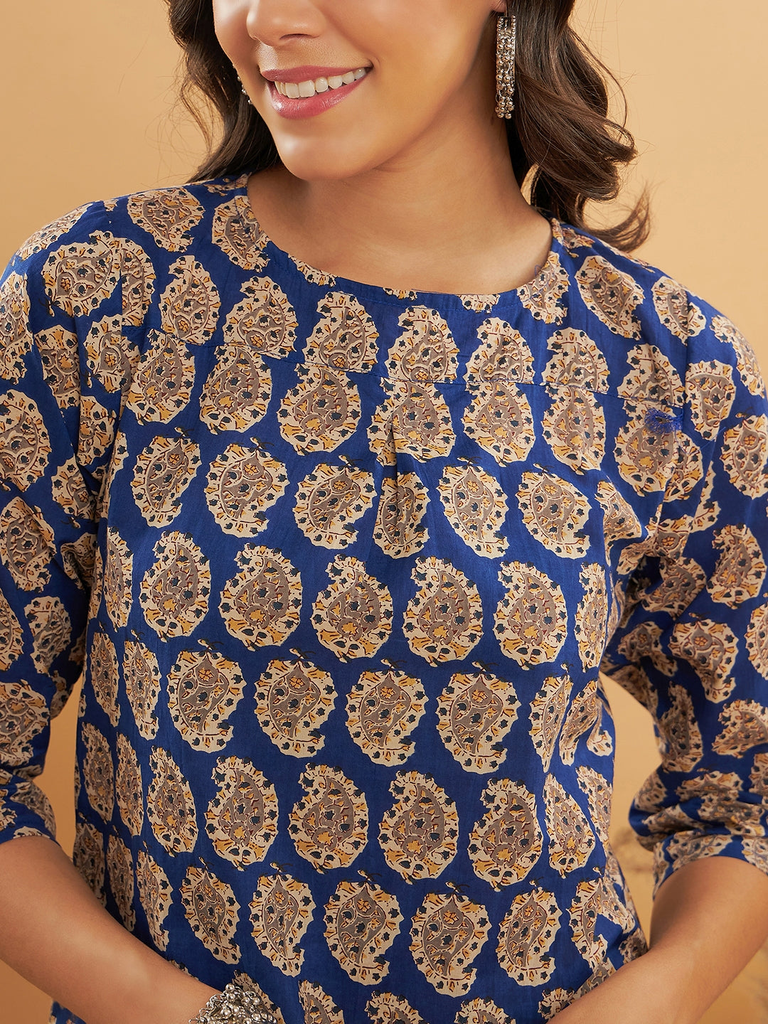 InWeave Women's Ink Blue Small Paisley Kalamkari Top | Grocsy