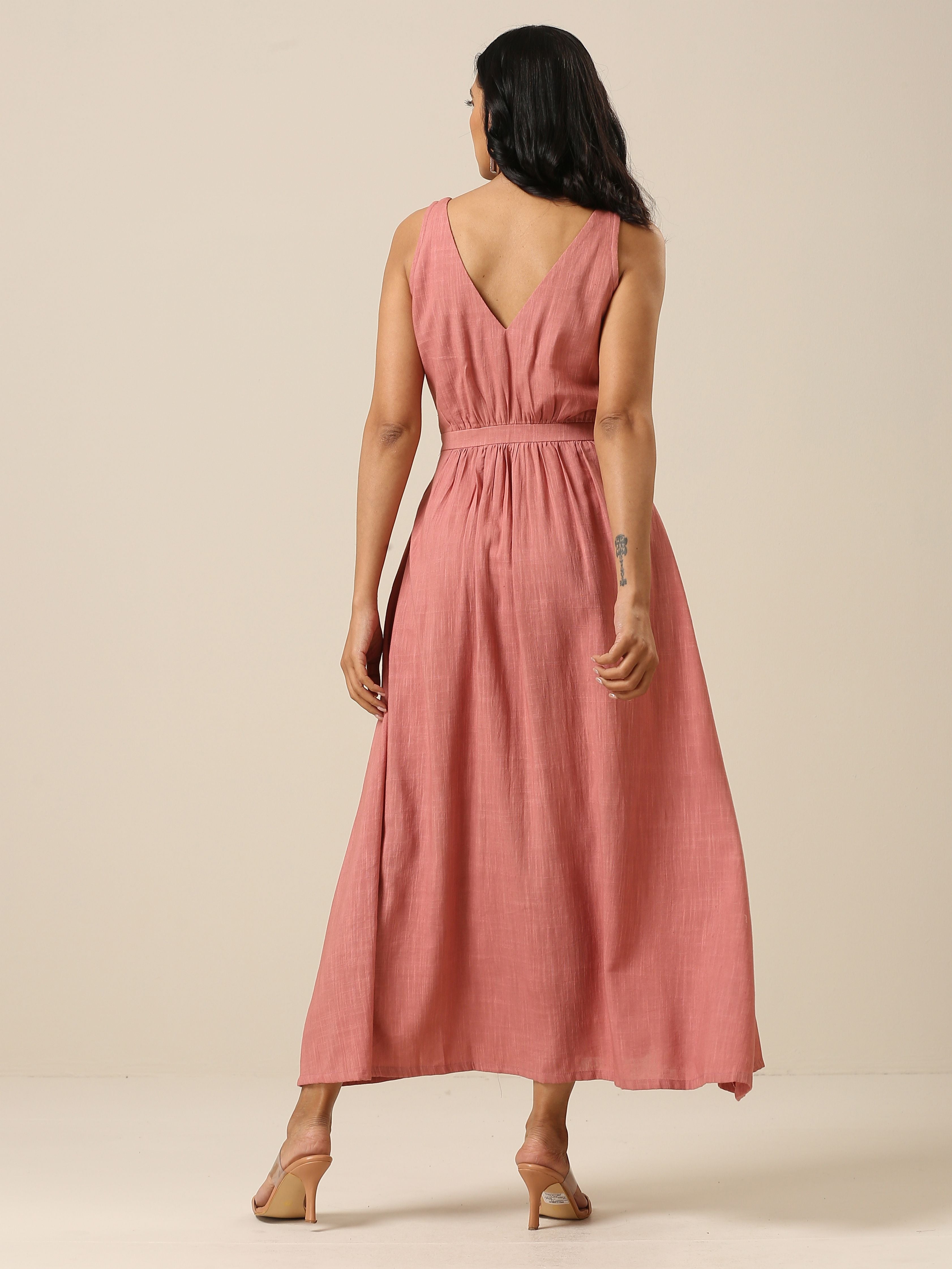 trueBrowns Light Mauve Slub Texture Sleeveless Wrap Dress | Grocsy