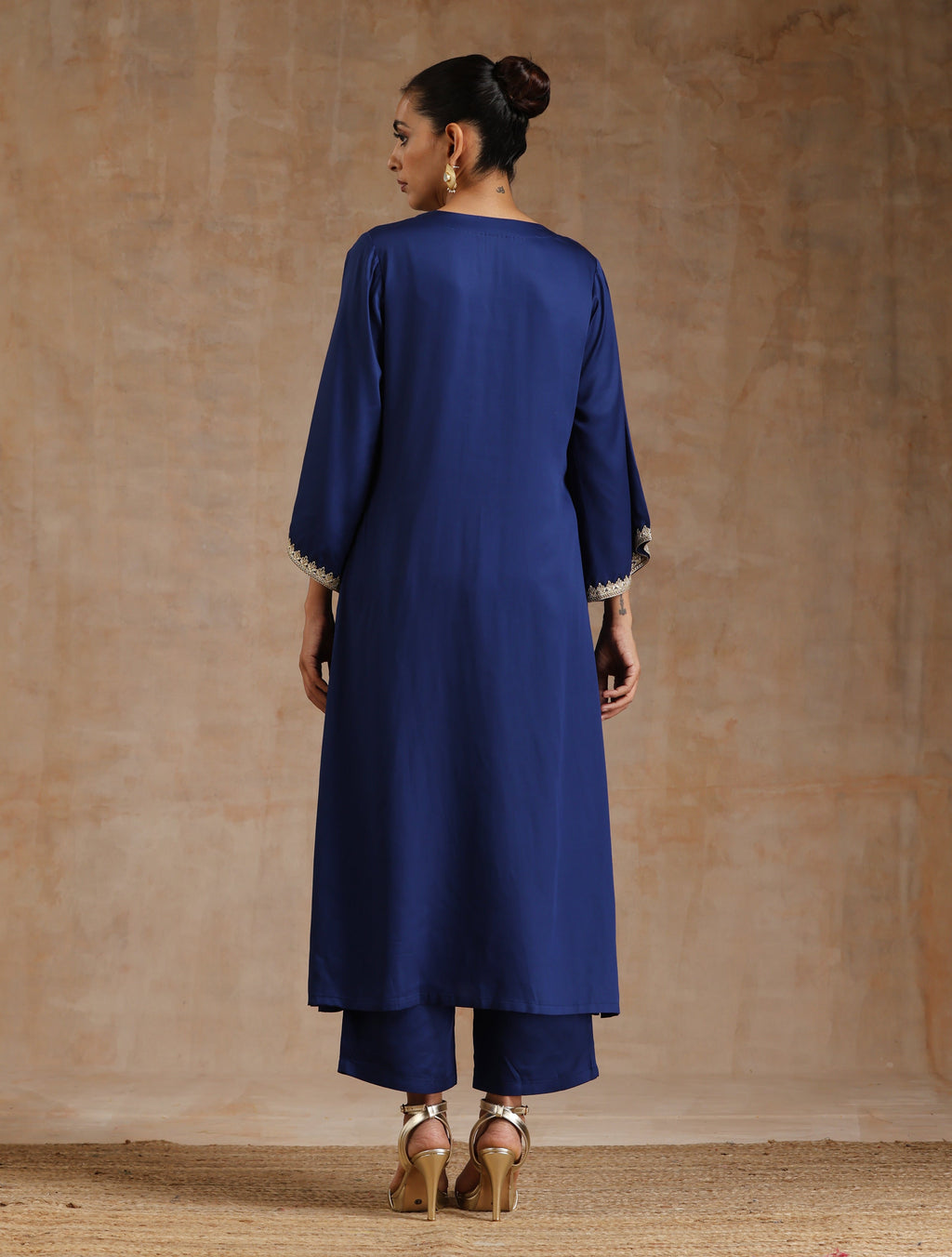 trueBrowns Midnight Blue Modal Satin Relax Kurta Set | Grocsy