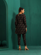 trueBrowns Black Tonal Ikat Muslin Silk Printed V-Neck Front Pleat Co-ord Set | Grocsy