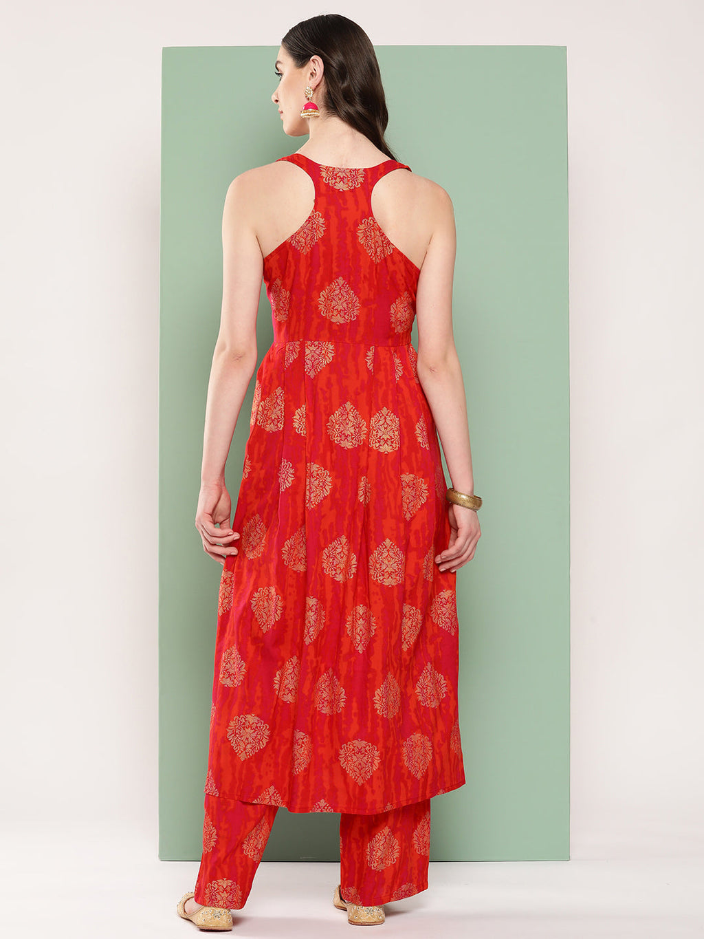 InWeave Women's Rust Mughal Print Raisa Back Detial Long Coords Set | Grocsy