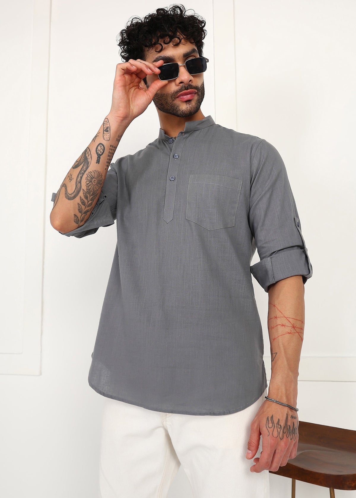 Fabmade Ash Grey Linen Short Kurta | Grocsy
