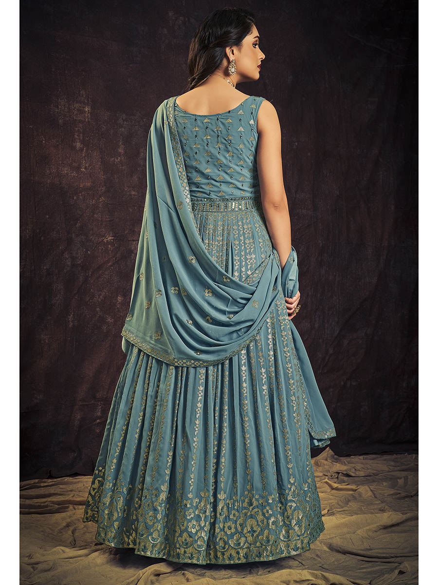 Myra Blue Real Georgette Designer Gown Style Suit | Grocsy