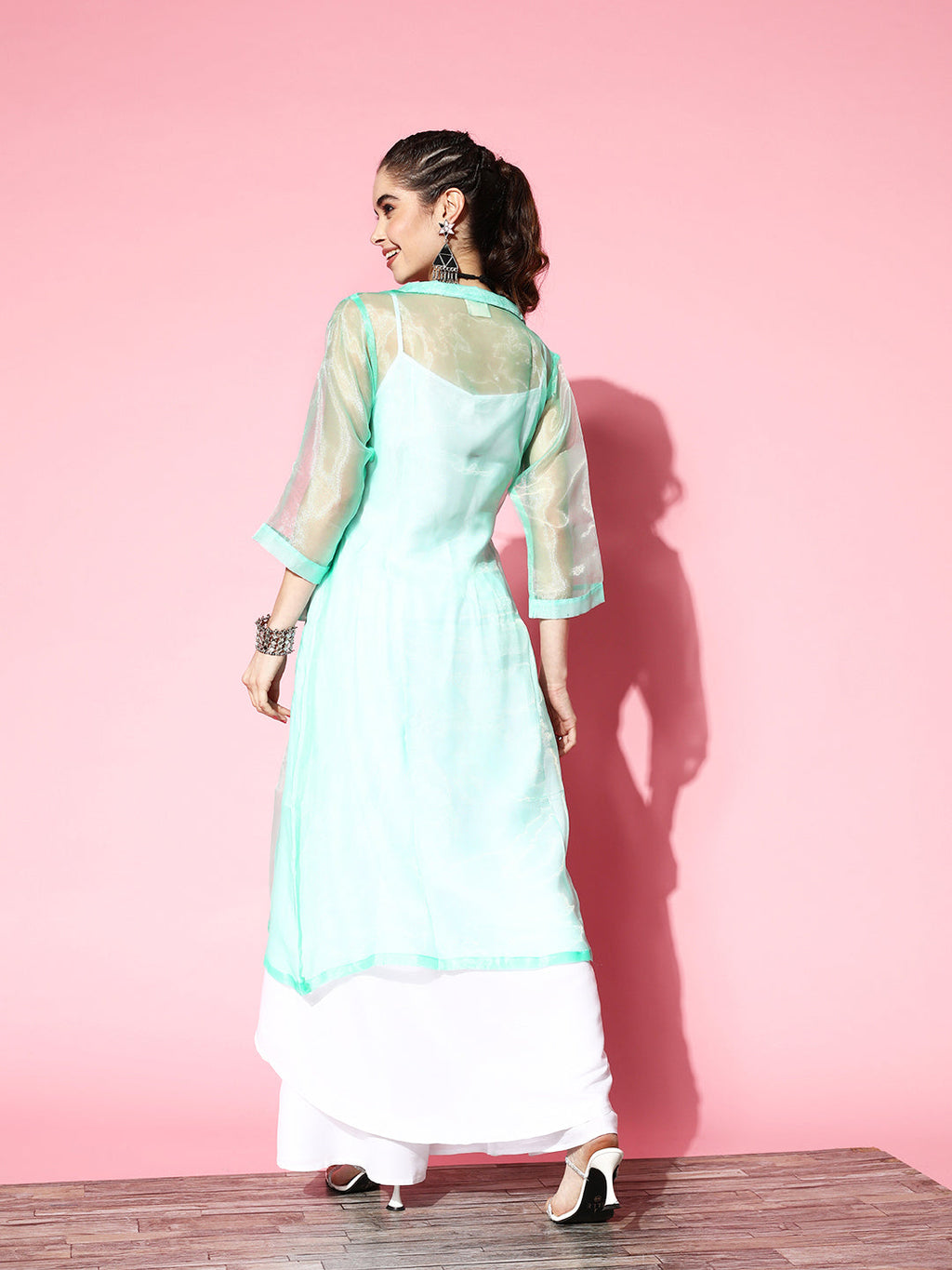 InWeave Women's Cream Strappy Kurta Set With Teal Organza Cape | Grocsy