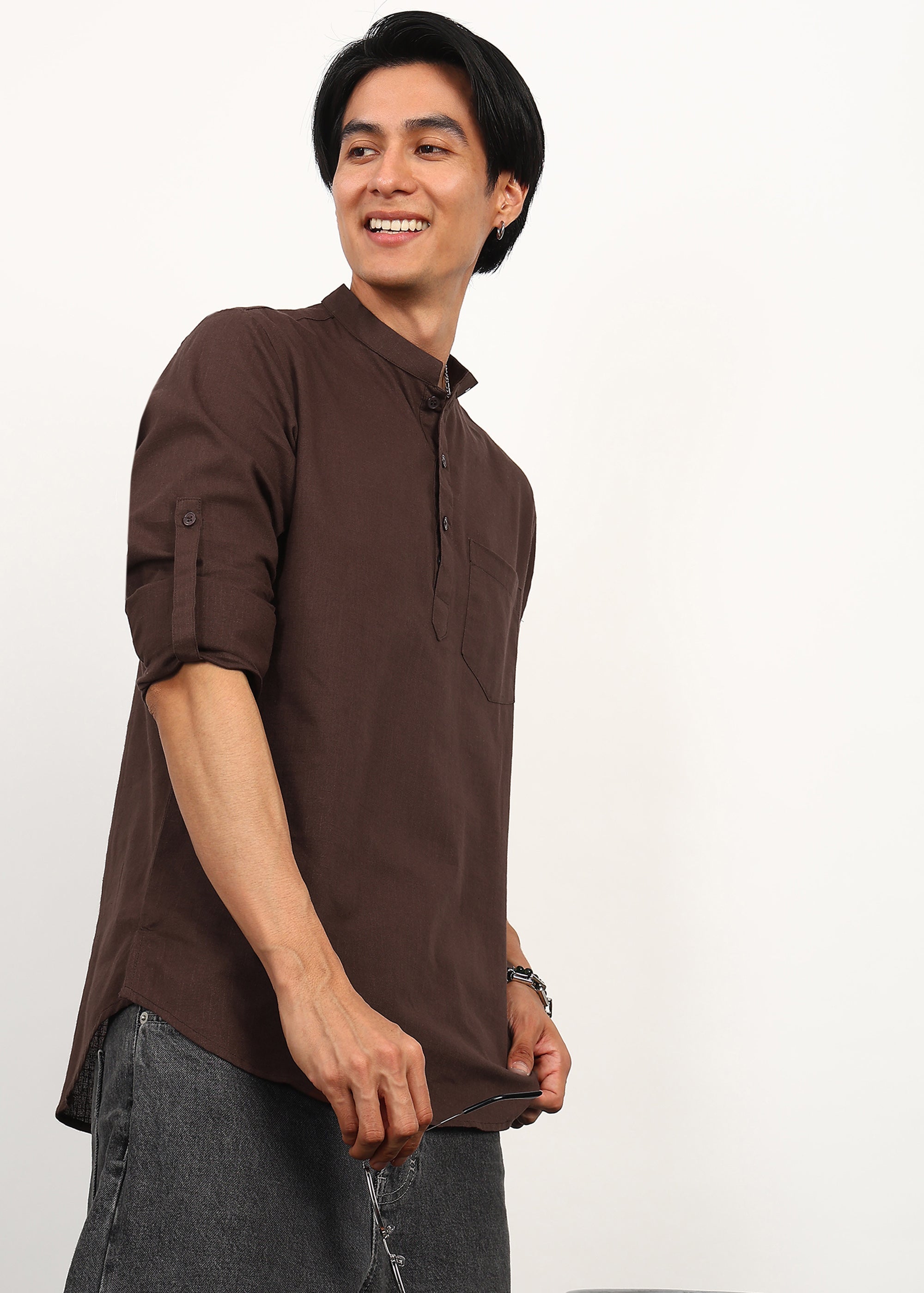 Fabmade Cocoa Drift Linen Short Kurta | Grocsy