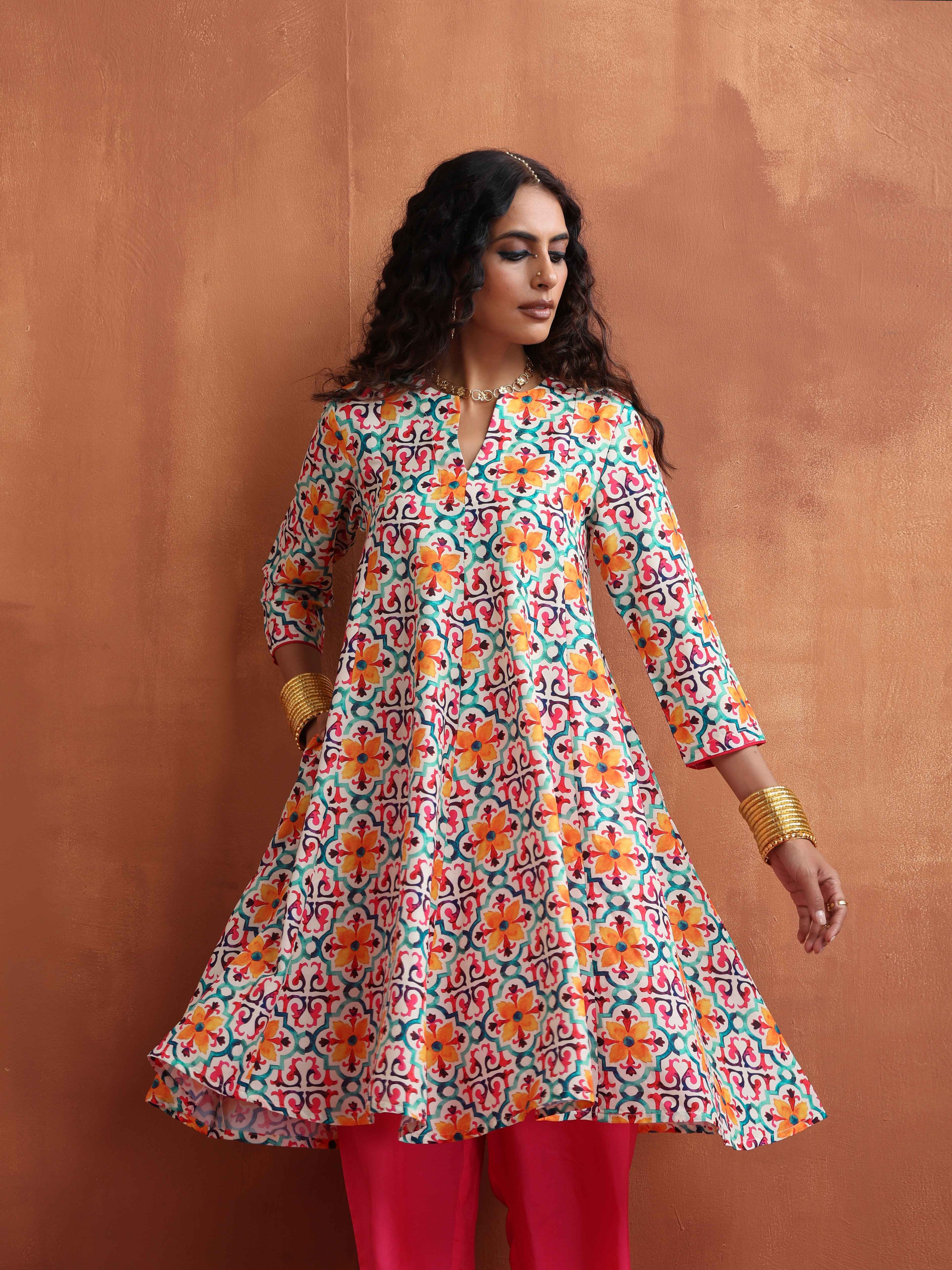 trueBrowns Off White Print Flared Anarkali Kurta Co-ord Set | Grocsy