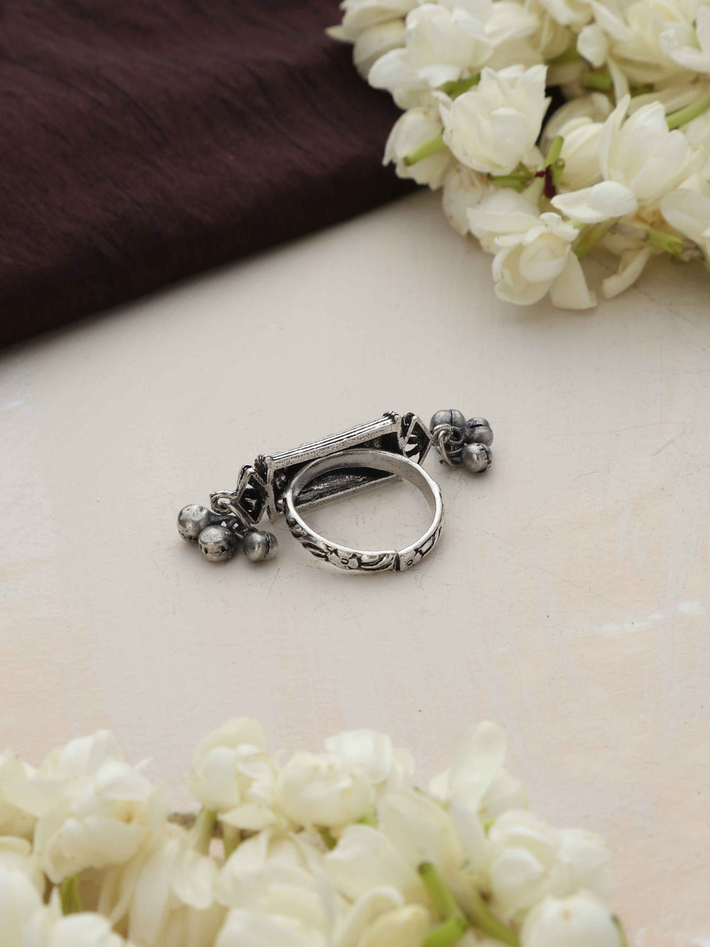 trueBrowns Silver Tone Rectangular Ghungroo Ring | Grocsy