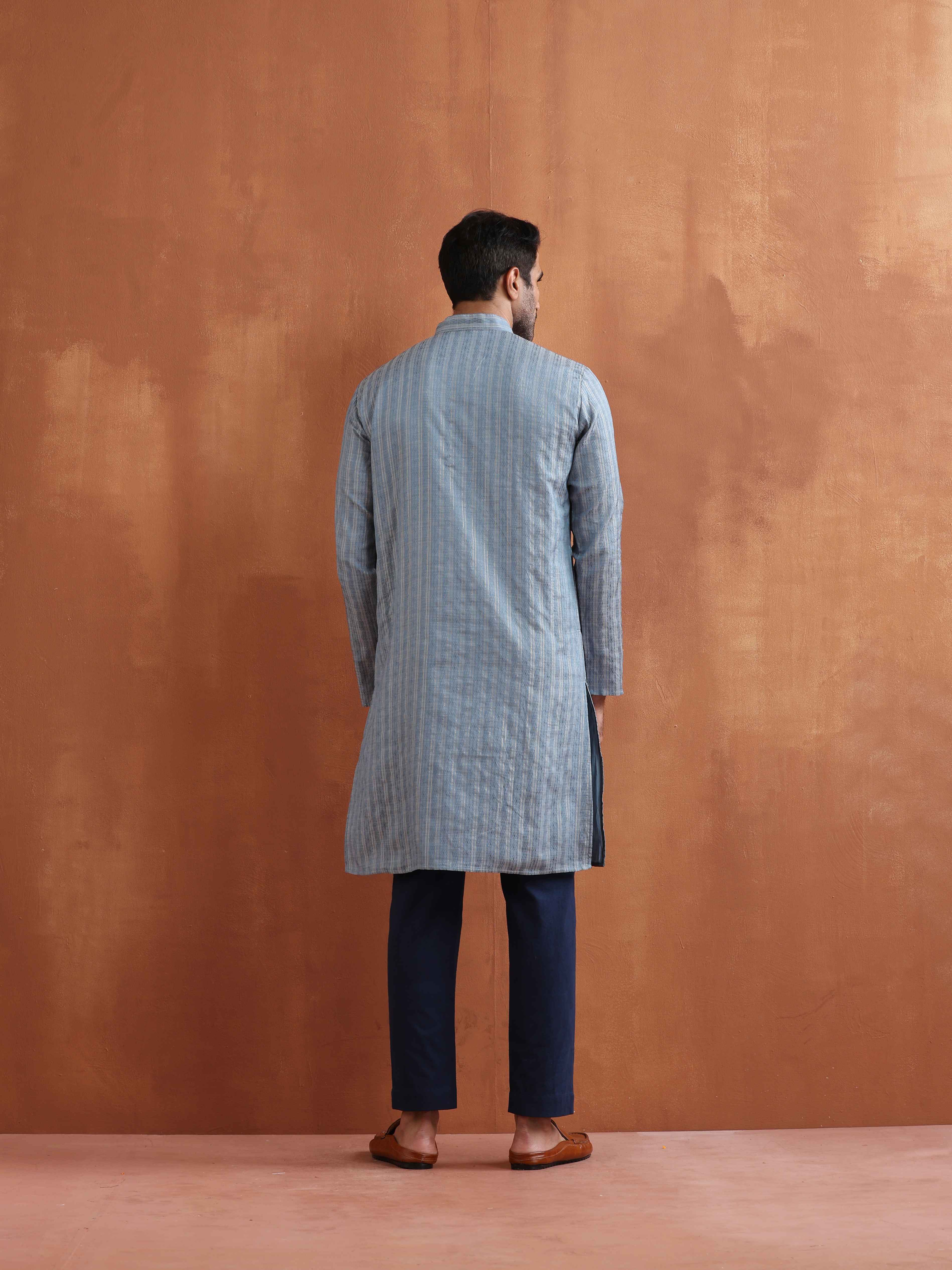 trueBrowns Men's Blue Chanderi Kurta | Grocsy
