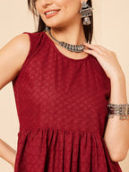 InWeave Women's Carmine Maroon Lace Work Double Layer Sharara Set | Grocsy