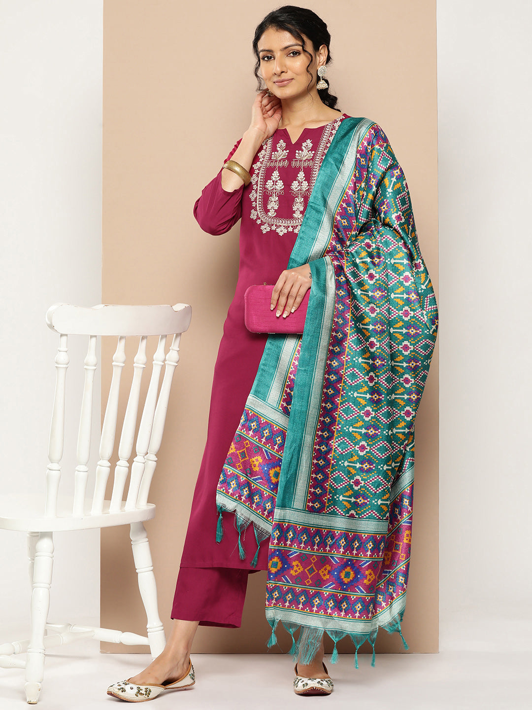 KSUT (House of Varanga) Magenta Kurta With Dori And Zari Embroidered Yoke Paired With Organza Dupatta And Straight Trouser | Grocsy