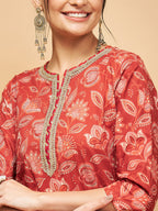 InWeave Women's Rust Paisley Print Gota Straight Kurta Pant Set | Grocsy