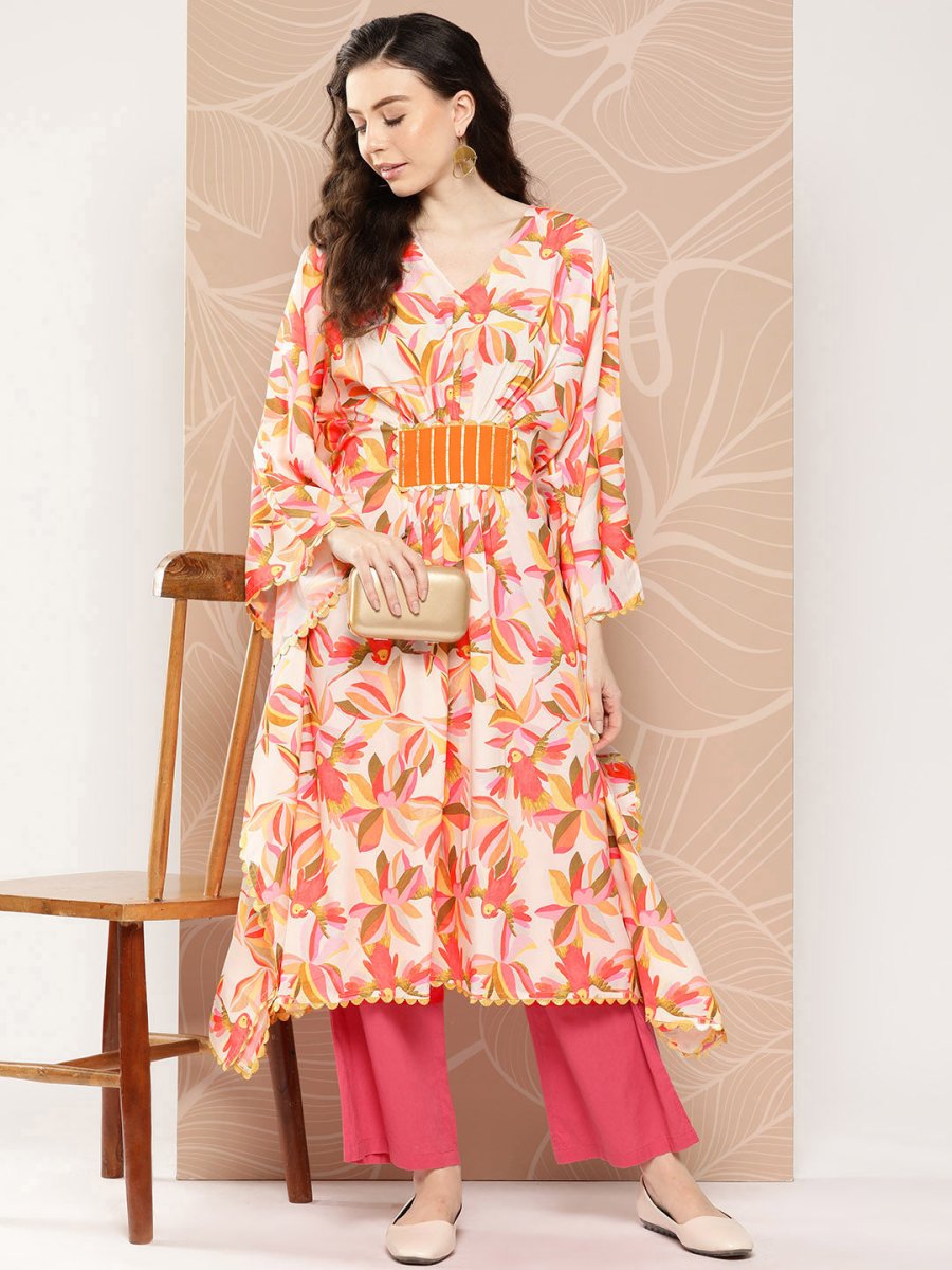 Ahalyaa Women Floral Printed Flared Sleeves Gotta Patti Crepe Kaftan Kurta | Grocsy