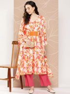 Ahalyaa Women Floral Printed Flared Sleeves Gotta Patti Crepe Kaftan Kurta | Grocsy