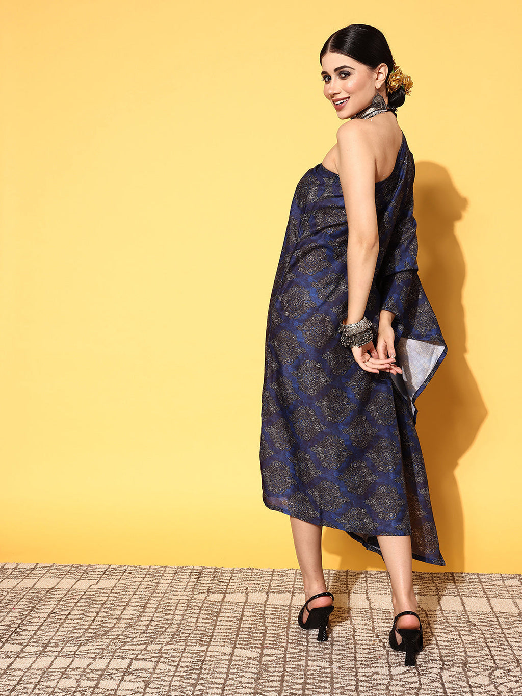 InWeave Women's Indigo Boota Print One Shoulder Kaftan Dress | Grocsy
