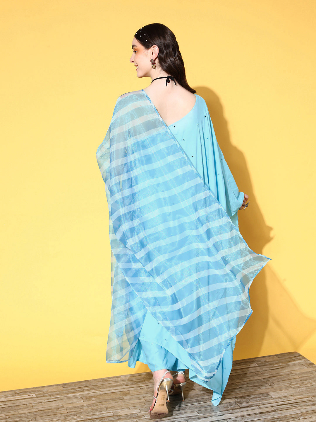 InWeave Women's Sky Blue Mirror Work One Shoulder Kurta Set With Dupatta | Grocsy