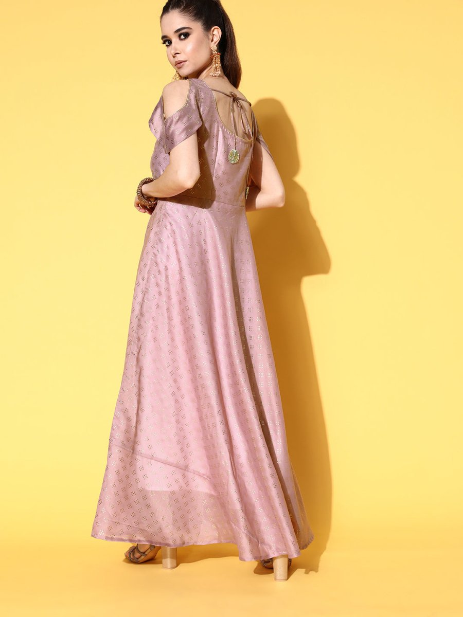 Ahalyaa Chanderi Cold-Shoulders Printed Maxi Ethnic Dress | Grocsy