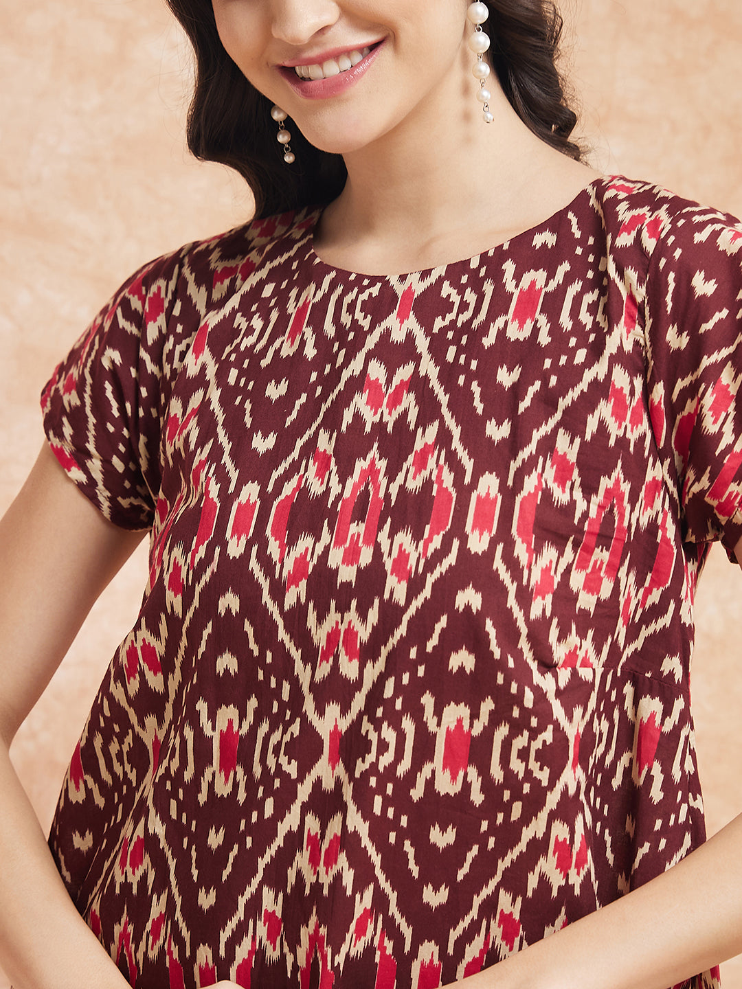 InWeave Women's Wine Ikkat Print A Line Dress | Grocsy