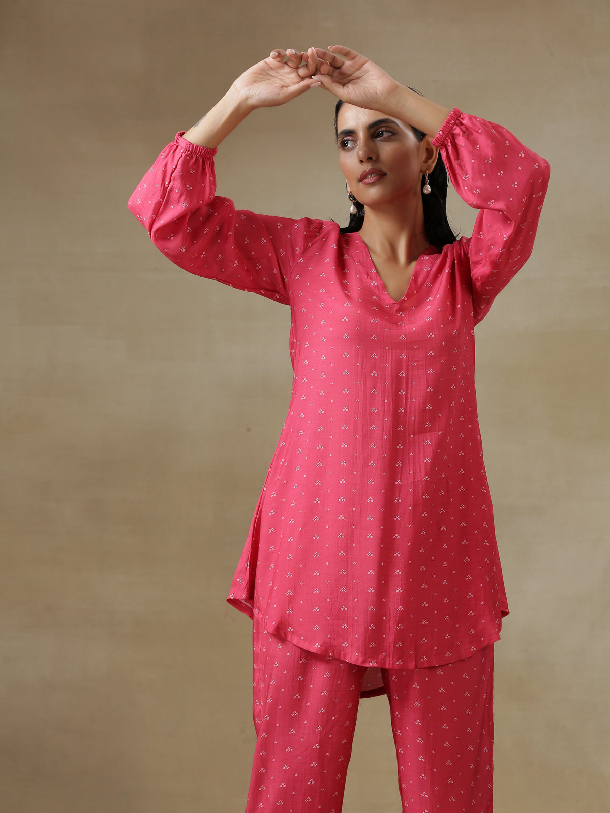 trueBrowns Pink Bandhani Printed Silk Gathered Sleeve Co-Ord Set | Grocsy