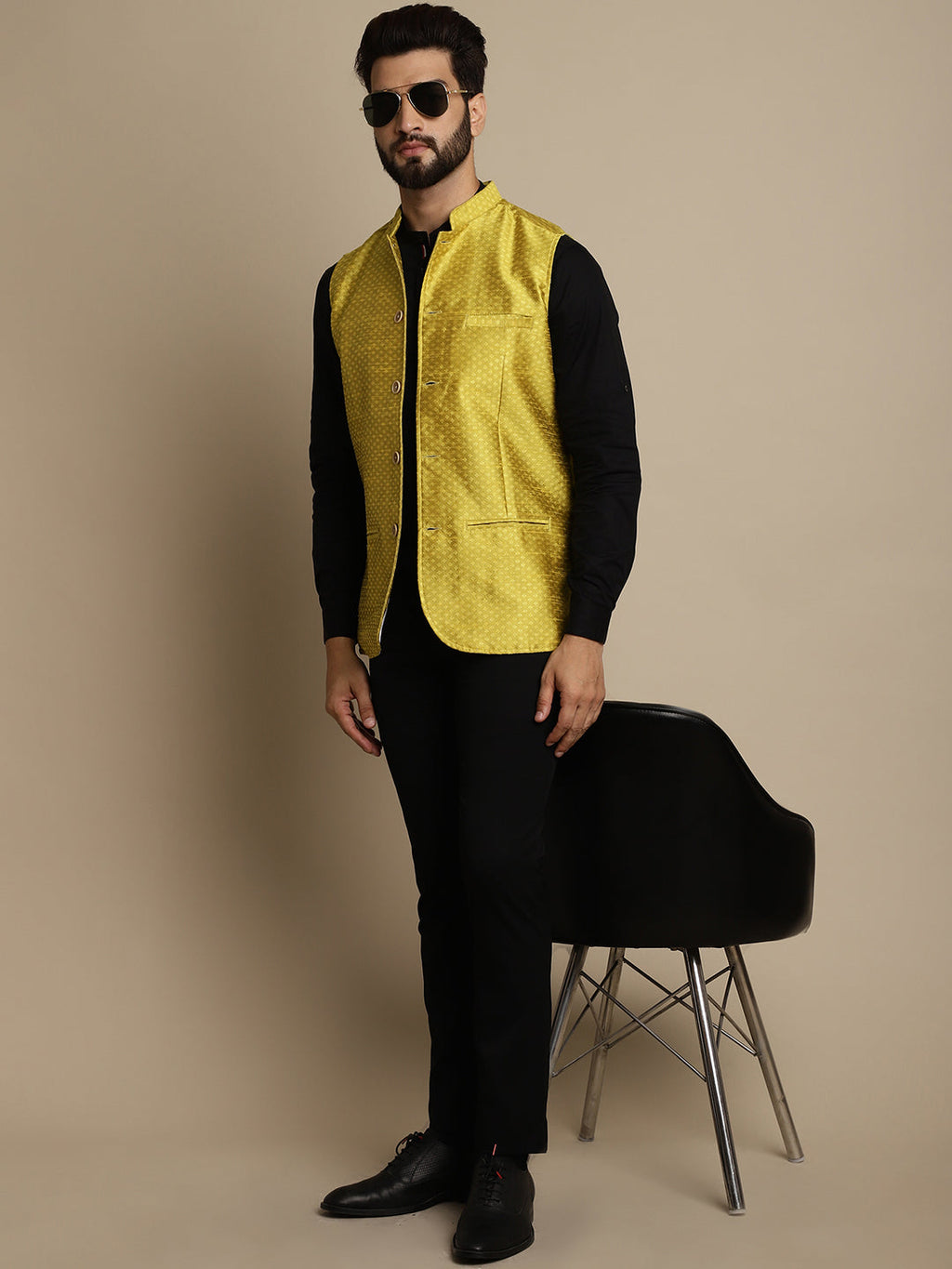Even Apparels Men's Yellow Mandarin Collar Waistcoat | Grocsy