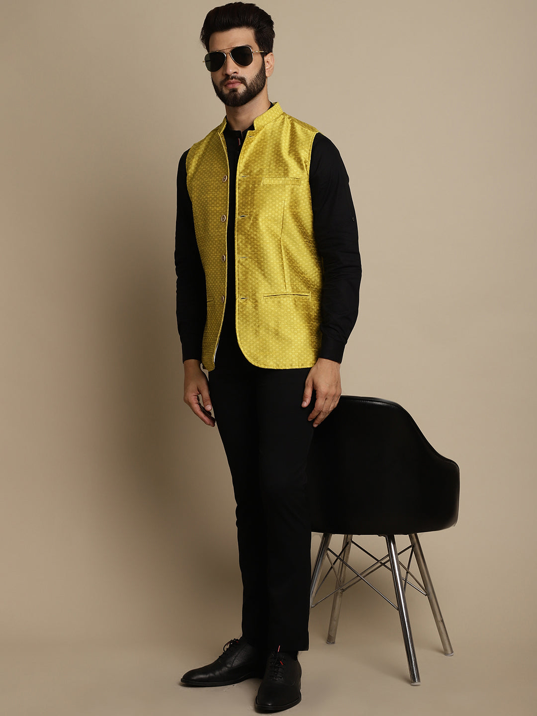 Even Apparels Men's Yellow Mandarin Collar Waistcoat | Grocsy