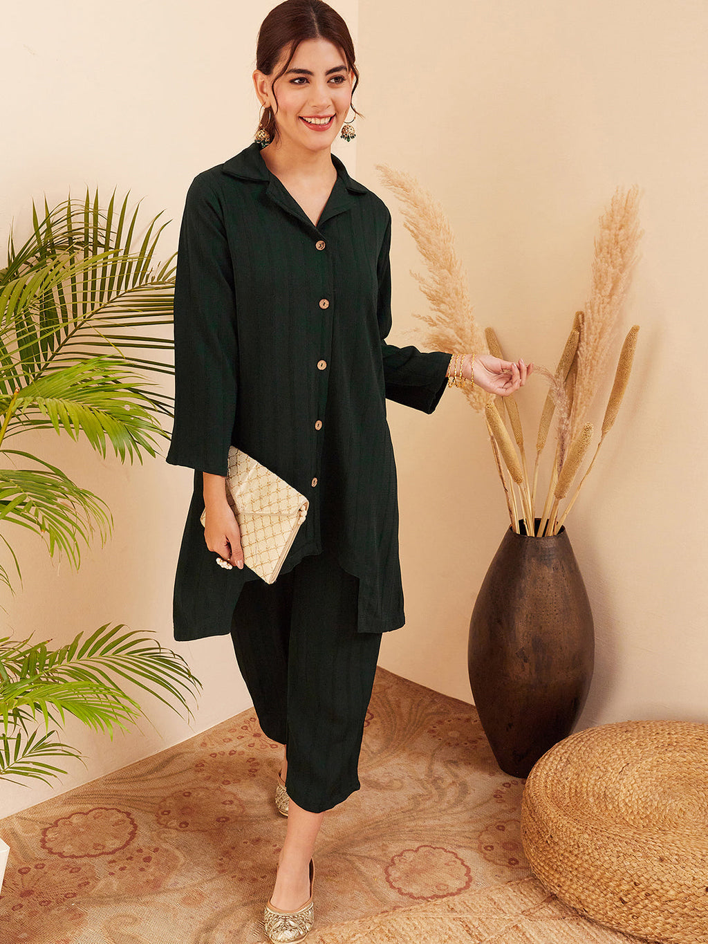 InWeave Women's Forest Green Collared Front Button Blazer Kurta Pant Set | Grocsy
