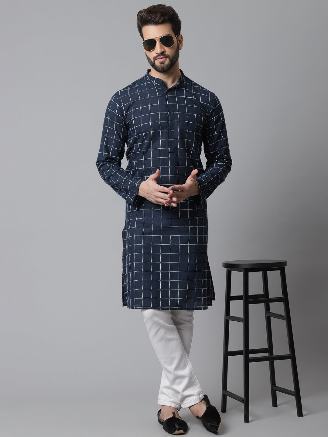 Even Apparels Blue Solid Kurta With Band Collar | Grocsy