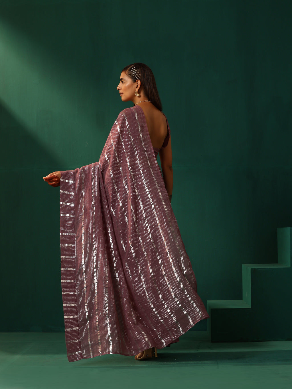 trueBrowns Mauve Cotton Silver Lurex Striped Ready to Wear Saree | Grocsy