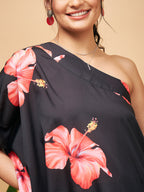 InWeave Women's Black Red Big Flower One Shoulder Kurta | Grocsy