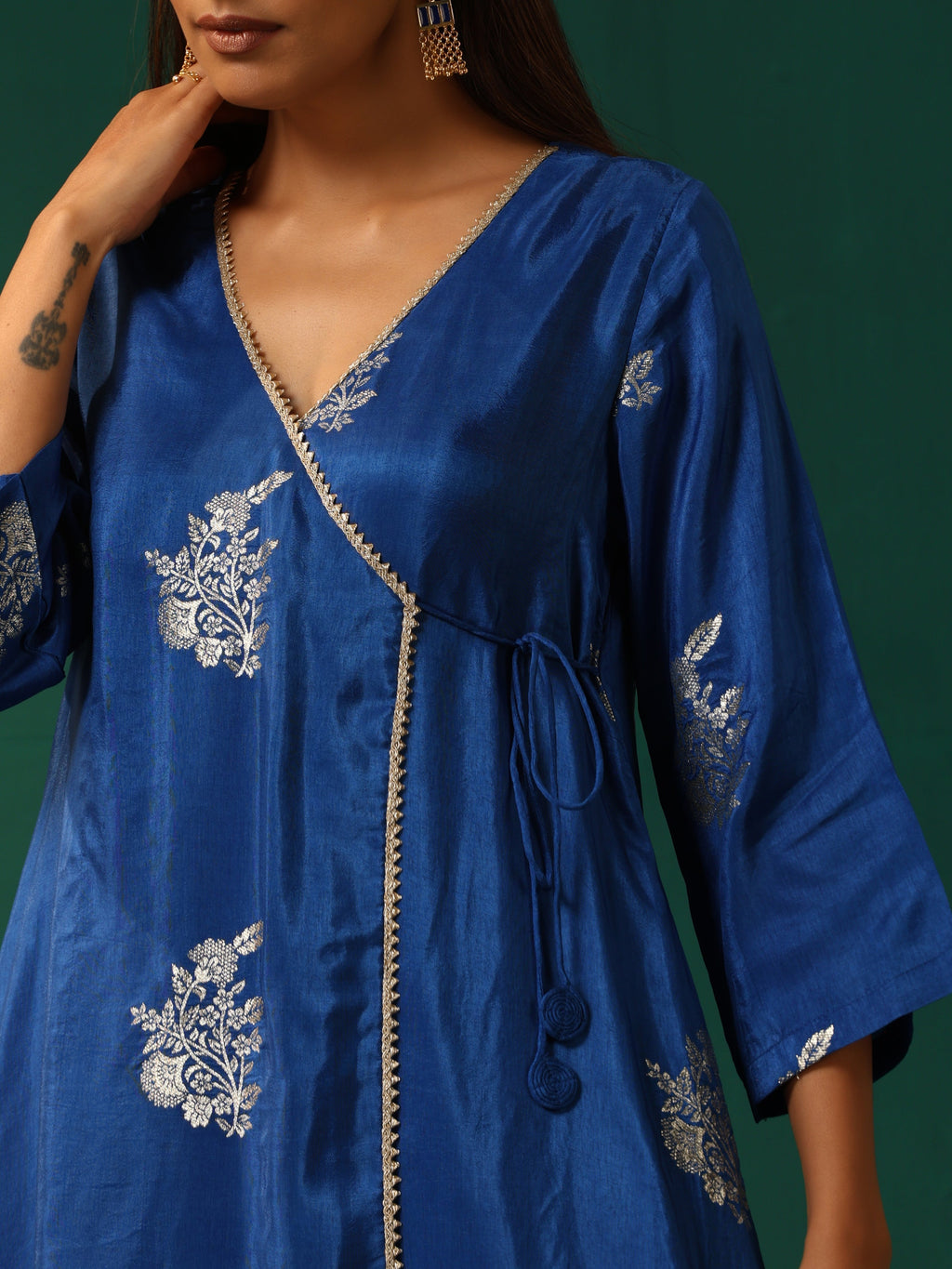 trueBrowns Royal Blue Floral Viscose Silk Angrakha Kurta Pant Set | Grocsy