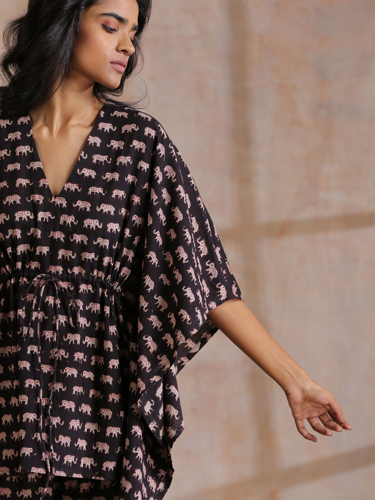 trueBrowns Black Elephant Bagru Print Cotton Kaftan Co-Ord Set | Grocsy