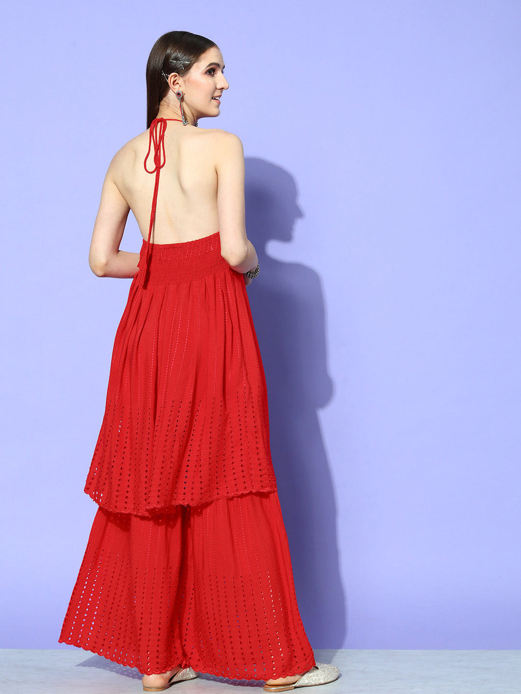 InWeave Women's Red Lace Work Backless Kurta Sharara Set | Grocsy