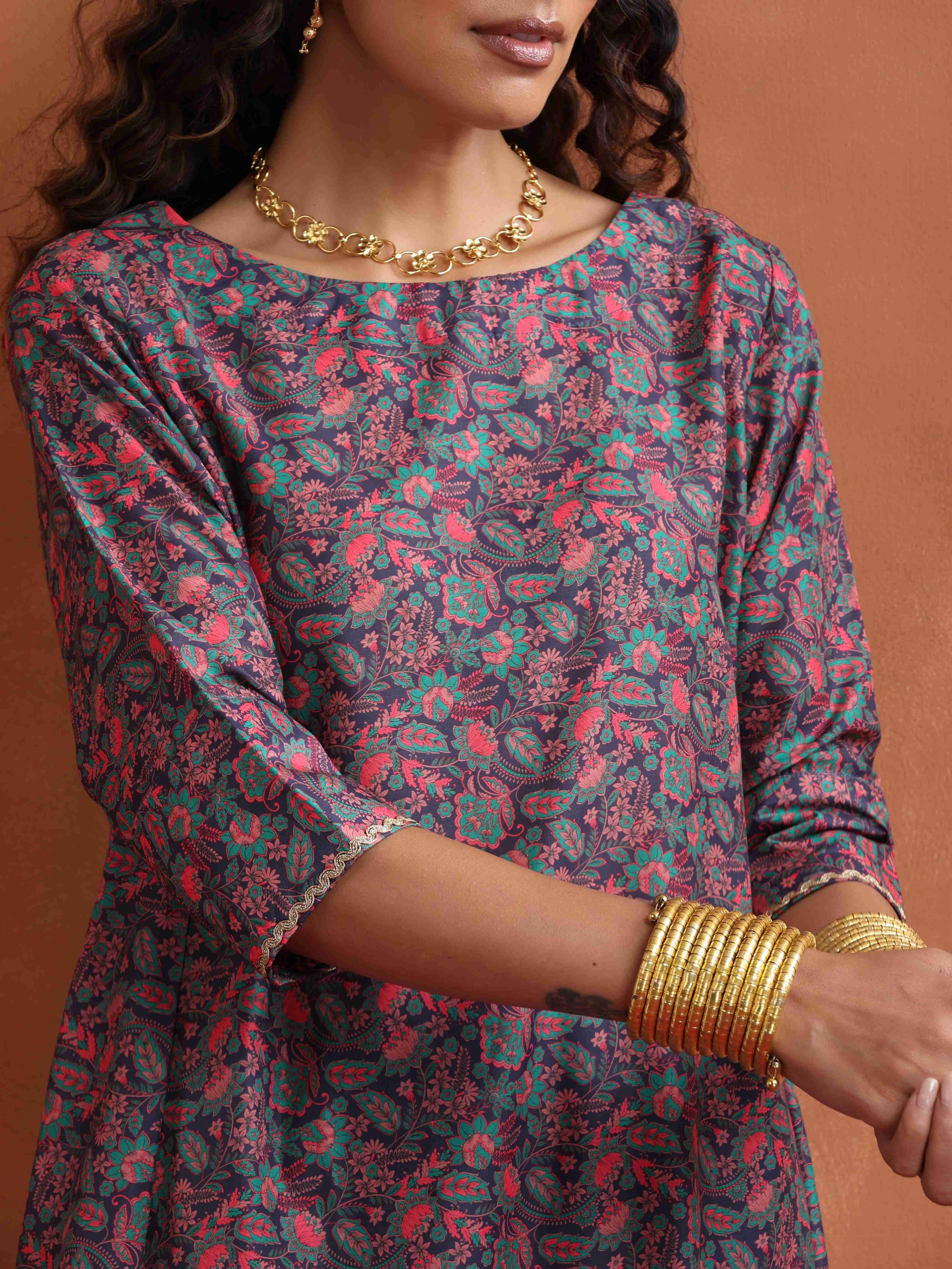 trueBrowns Purple Print A-line Kurta Set | Grocsy