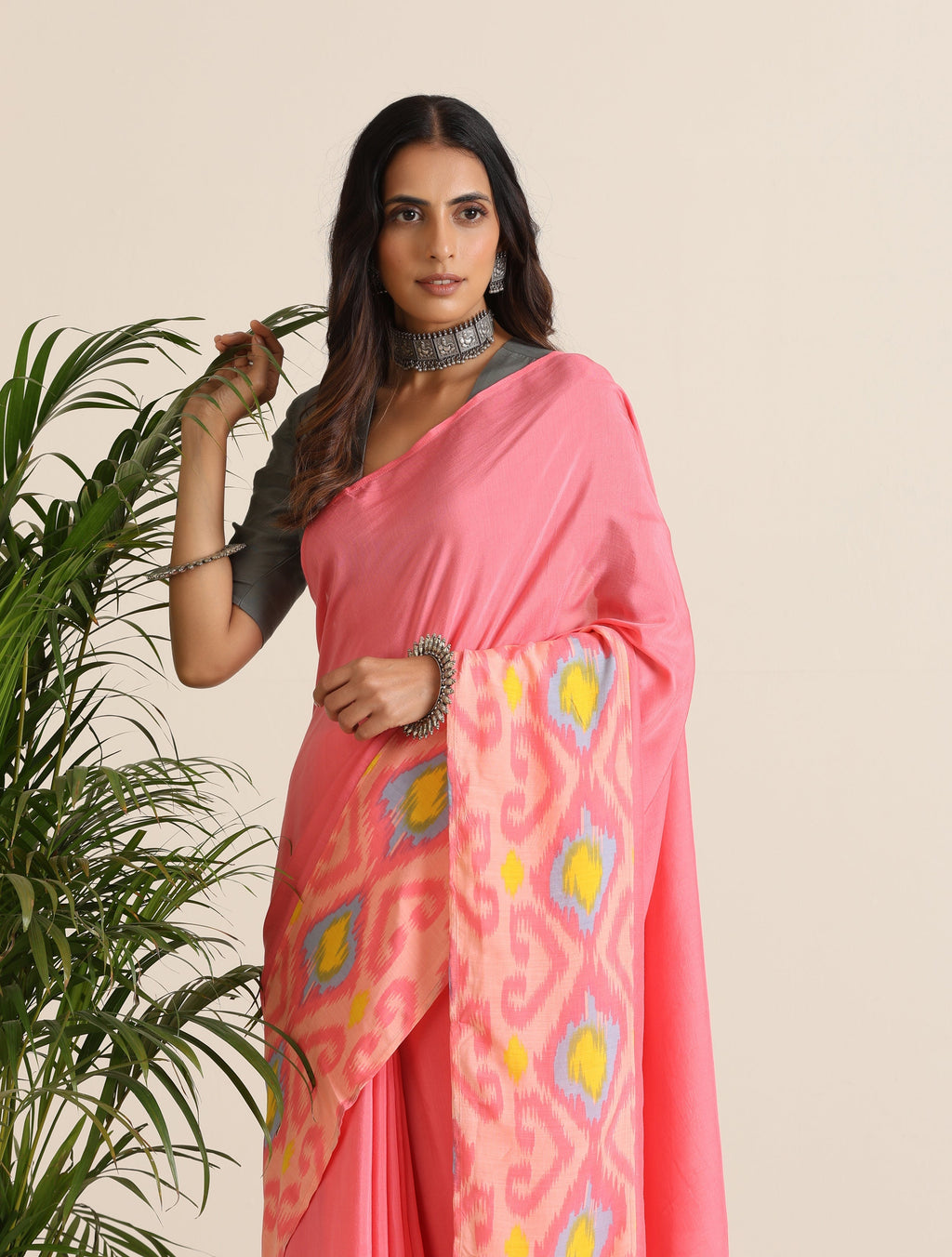 trueBrowns Pink Lime Muslin Ikat Saree | Grocsy