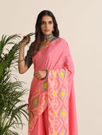 trueBrowns Pink Lime Muslin Ikat Saree | Grocsy