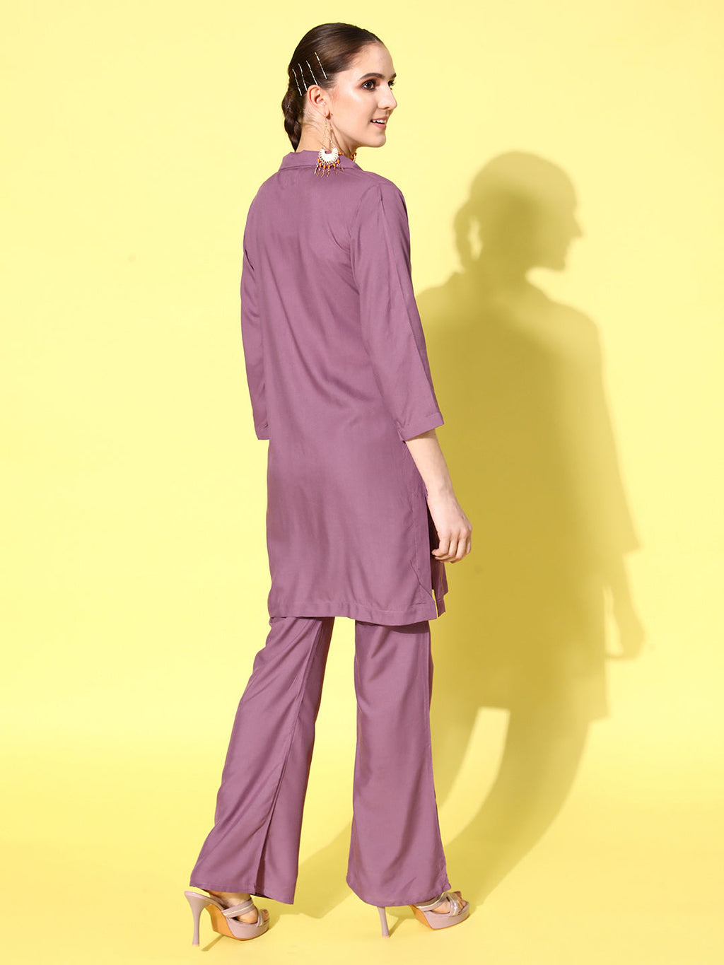 InWeave Women's Mauve Coord Set With Crepe Peach Crop Top | Grocsy