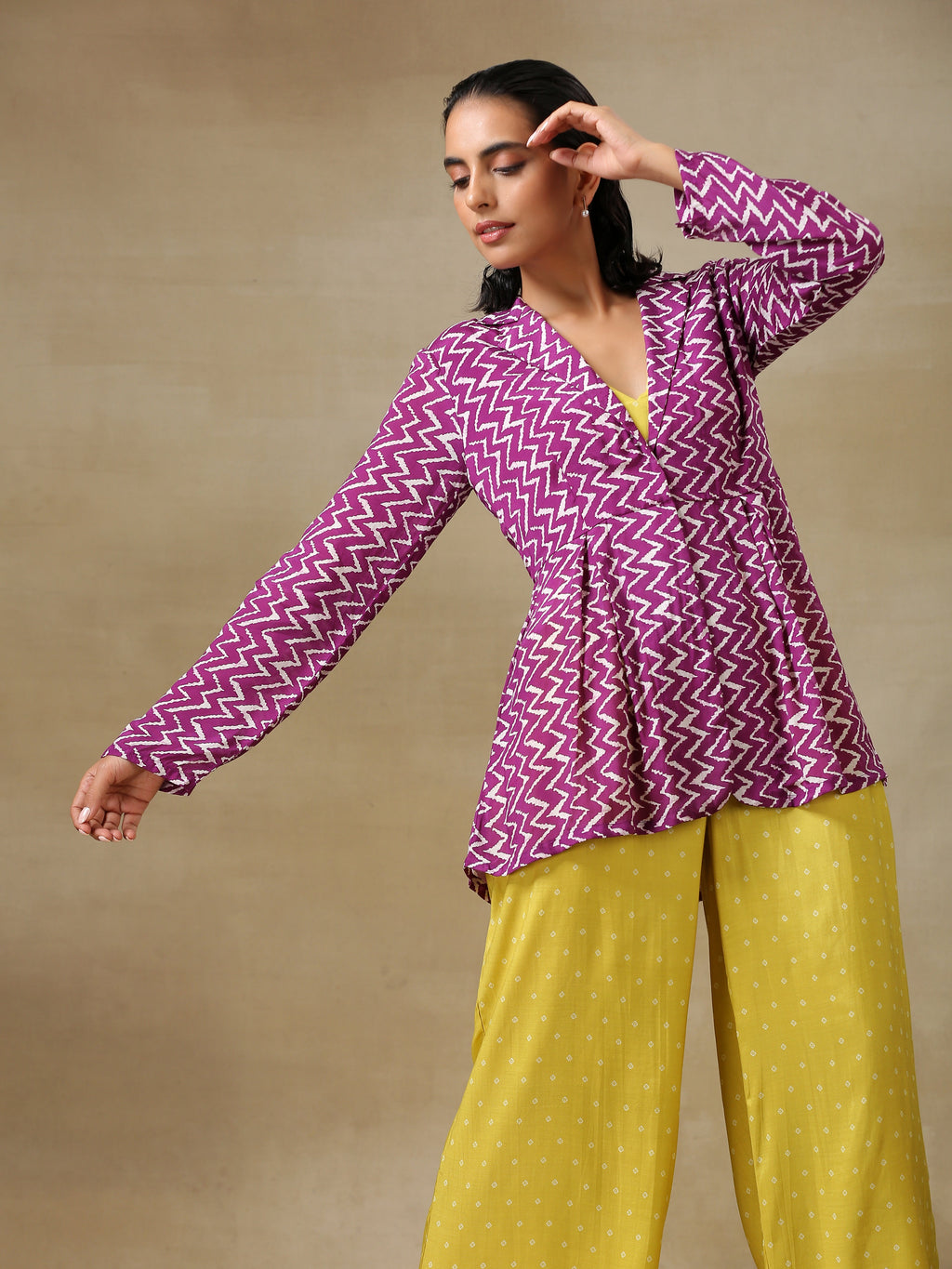 trueBrowns Lime Green Bandhani Printed Silk Top Pant with Purple Printed Jacket Set | Grocsy