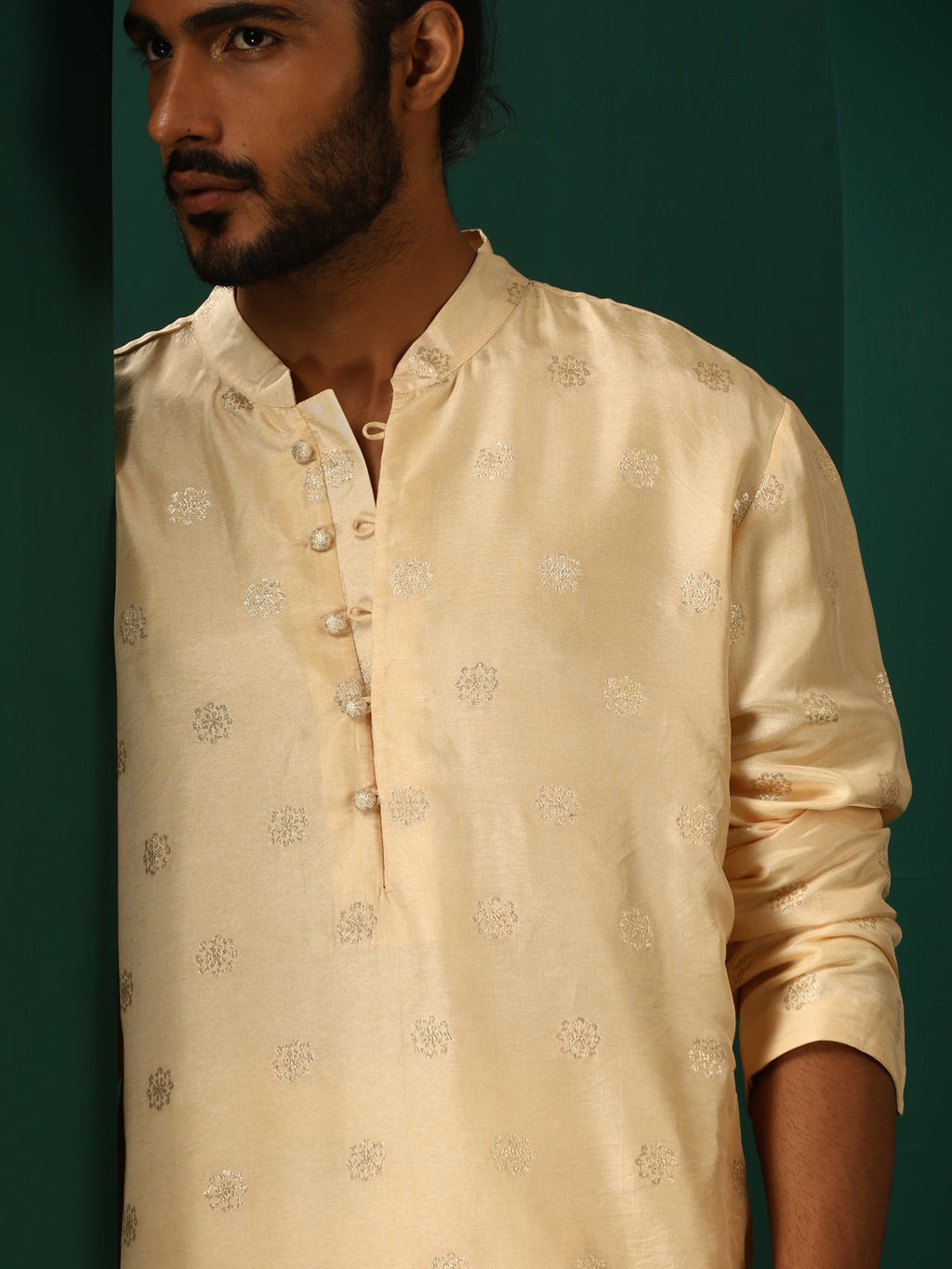 trueBrowns Men's Ivory Geometric Floral Viscose Silk Long Kurta | Grocsy