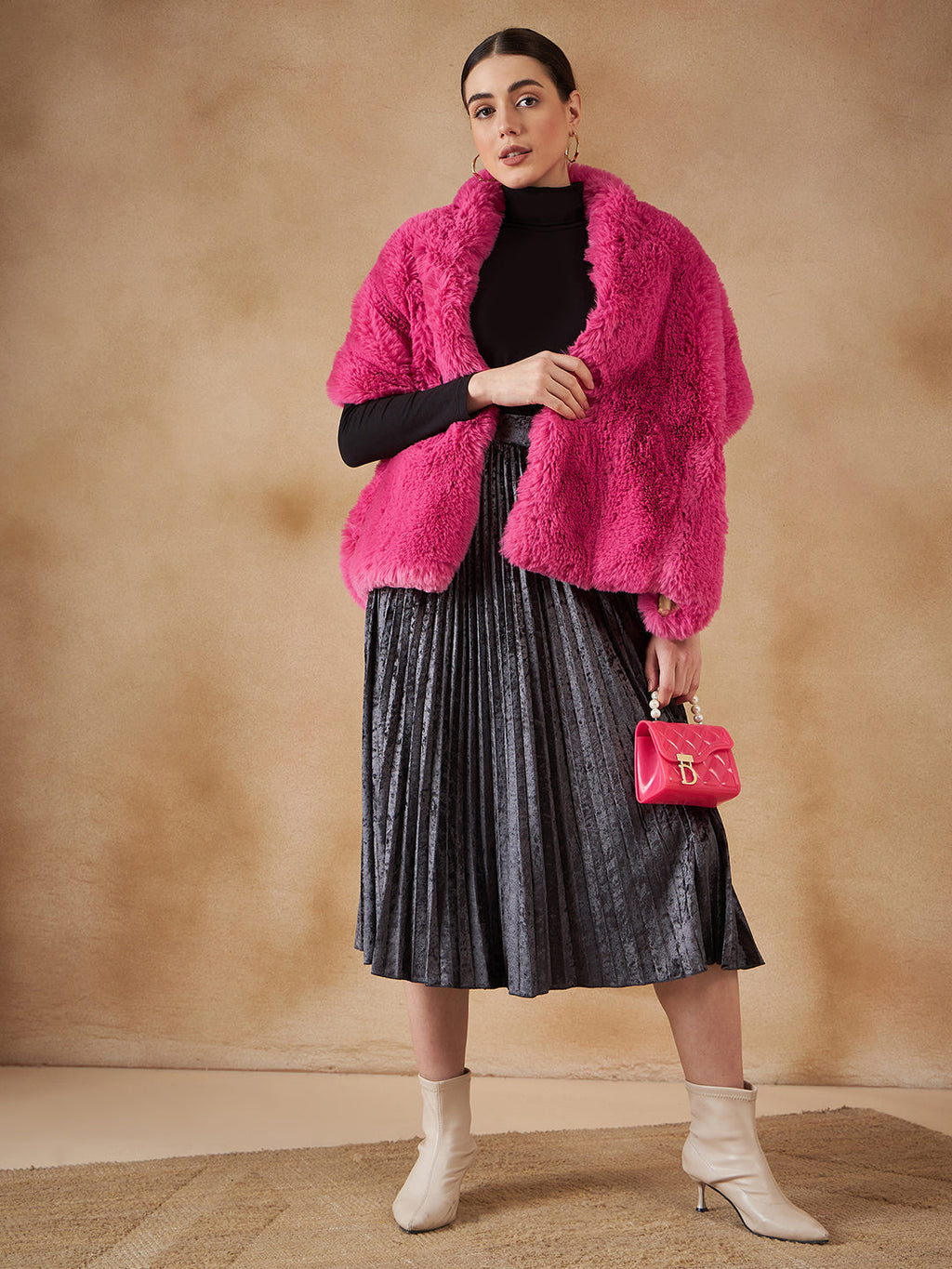 InWeave Women's Light Pink Long Faux Fur Cape | Grocsy